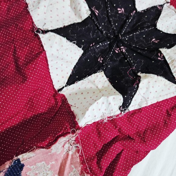 Handmade Patchwork Quilt Top ONLY 85x74 Red Eight Point Lone Star Blocks Calico - Picture 7 of 11